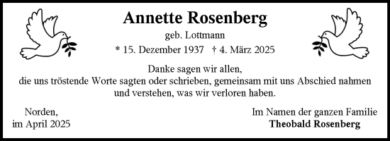 Traueranzeige von Annette Rosenberg von Ostfriesischer Kurier