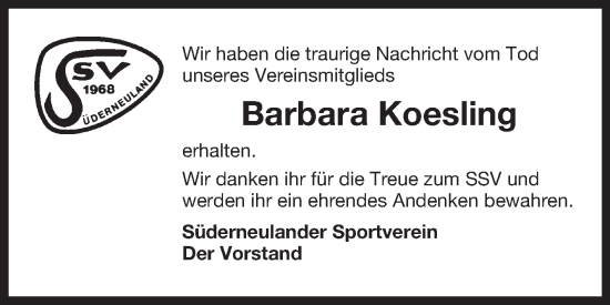 Traueranzeige von Barbara Koesling von Ostfriesischer Kurier