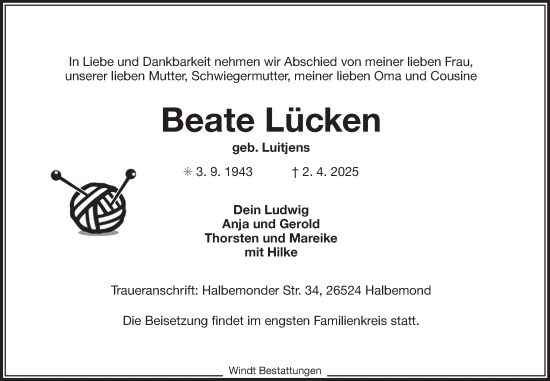 Traueranzeige von Beate Lücken von Ostfriesischer Kurier