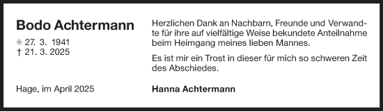 Traueranzeige von Bodo Achtermann von Ostfriesischer Kurier