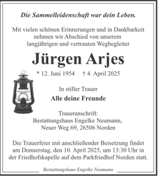 Traueranzeige von Jürgen Arjes 