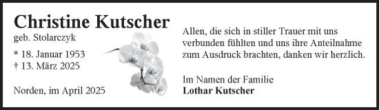 Traueranzeige von Christine Kutscher von Ostfriesischer Kurier