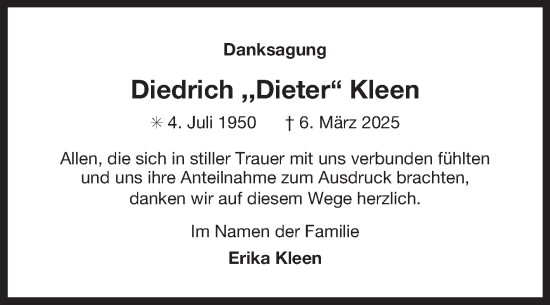 Traueranzeige von Diedrich Kleen von Ostfriesischer Kurier