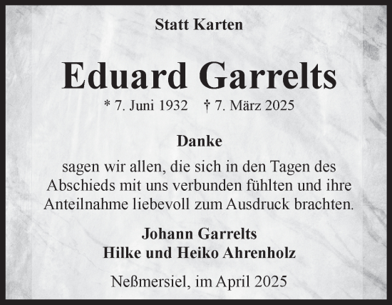 Traueranzeige von Eduard Garrelts von Ostfriesischer Kurier