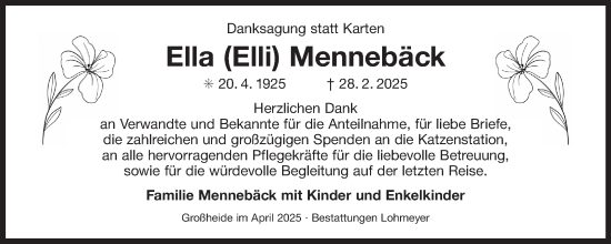 Traueranzeige von Ella  Mennebäck von Ostfriesischer Kurier