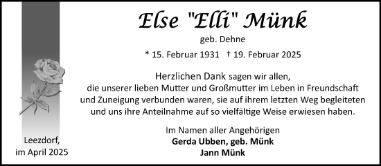 Traueranzeige von Else Münk von Ostfriesischer Kurier
