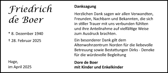 Traueranzeige von Friedrich de Boer von Ostfriesischer Kurier