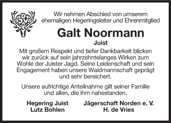 Traueranzeige von Galt Noormann von Ostfriesischer Kurier