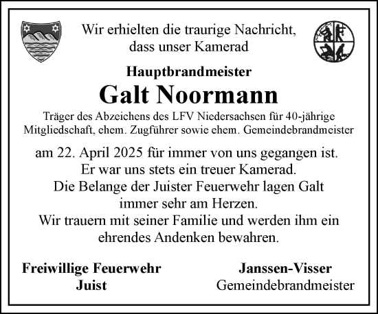 Traueranzeige von Galt Noormann von Ostfriesischer Kurier