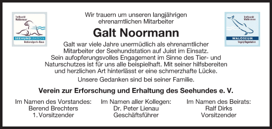 Traueranzeige von Galt Noormann von Ostfriesischer Kurier