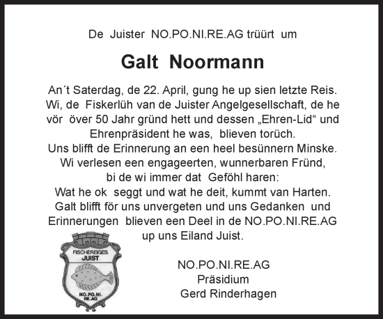 Traueranzeige von Galt Noormann von Ostfriesischer Kurier