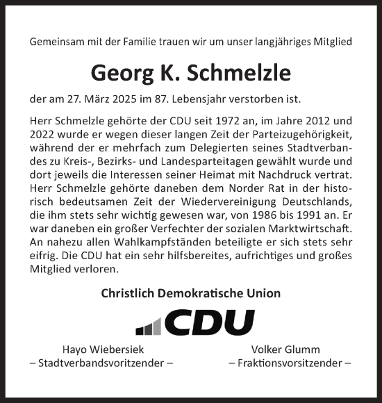 Traueranzeige von Georg K. Schmelzle von Ostfriesischer Kurier