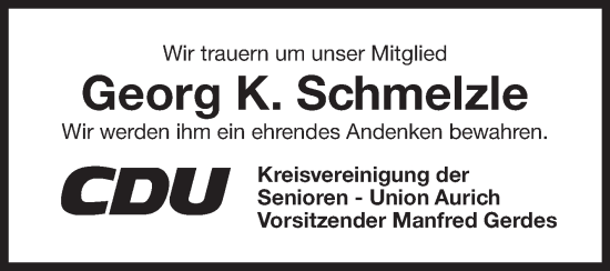 Traueranzeige von Georg K. Schmelzle von Ostfriesischer Kurier