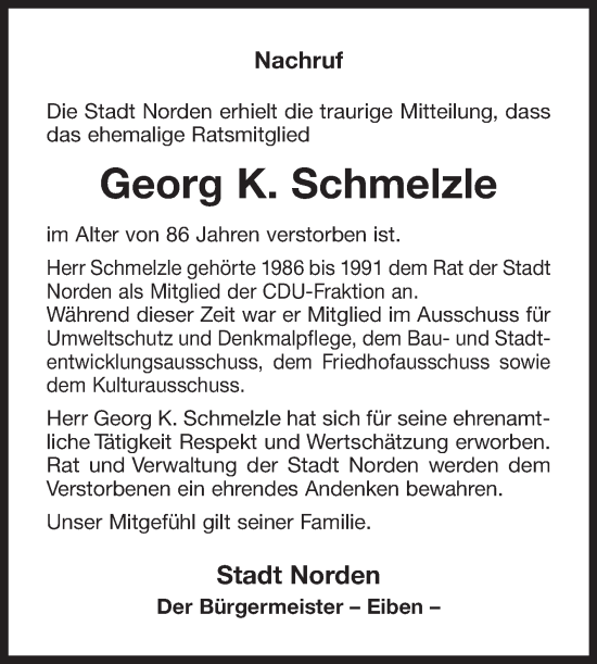 Traueranzeige von Georg K. Schmelzle von Ostfriesischer Kurier