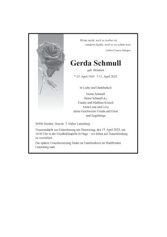 Traueranzeige von Gerda Schmull von Ostfriesischer Kurier