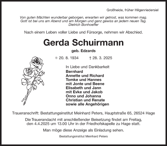 Traueranzeige von Gerda Schuirmann von Ostfriesischer Kurier