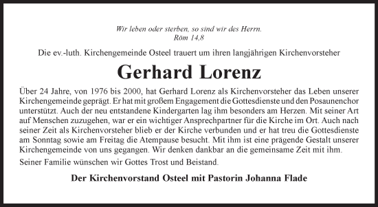 Traueranzeige von Gerhard Lorenz von Ostfriesischer Kurier