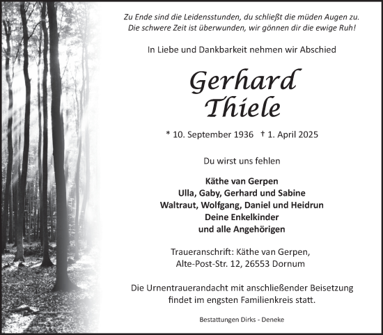 Traueranzeige von Gerhard Thiele von Ostfriesischer Kurier