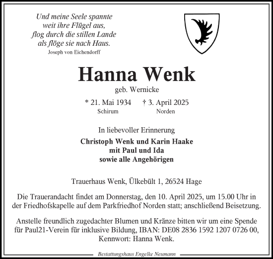 Traueranzeige von Hanna Wenk von Ostfriesischer Kurier