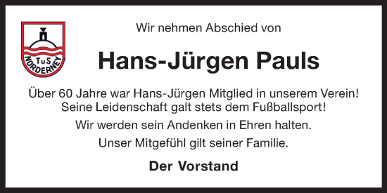Traueranzeige von Hans-Jürgen Pauls von Ostfriesischer Kurier