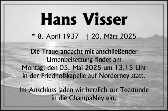 Traueranzeige von Hans Visser von Ostfriesischer Kurier