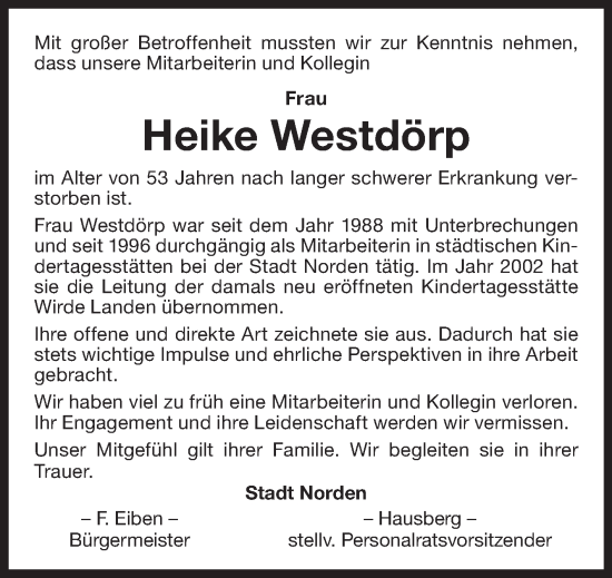 Traueranzeige von Heike Westdörp von Ostfriesischer Kurier