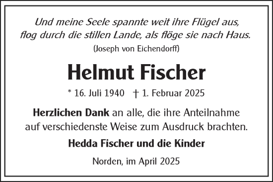 Traueranzeige von Helmut Fischer von Ostfriesischer Kurier