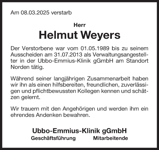 Traueranzeige von Helmut Weyers von Ostfriesischer Kurier