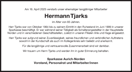 Traueranzeige von Hermann Tjarks von Ostfriesischer Kurier