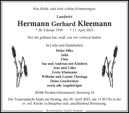 Traueranzeige von Hermann Gerhard Kleemann von Ostfriesischer Kurier