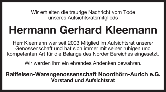 Traueranzeige von Hermann Gerhard Kleemann von Ostfriesischer Kurier