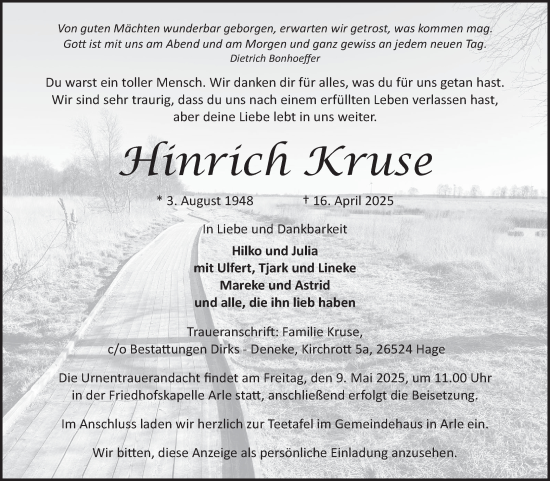 Traueranzeige von Hinrich Kruse von Ostfriesischer Kurier