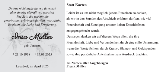 Traueranzeige von Insa Müller von Ostfriesischer Kurier