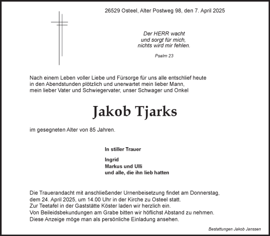 Traueranzeige von Jakob Tjarks von Ostfriesischer Kurier