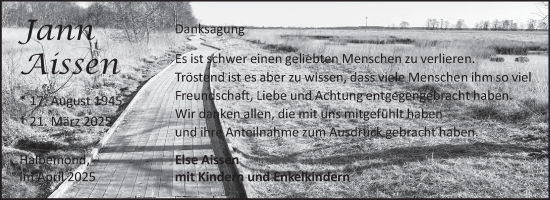 Traueranzeige von Jann Aissen von Ostfriesischer Kurier