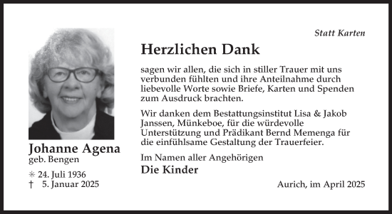Traueranzeige von Johanne Agena von Ostfriesischer Kurier
