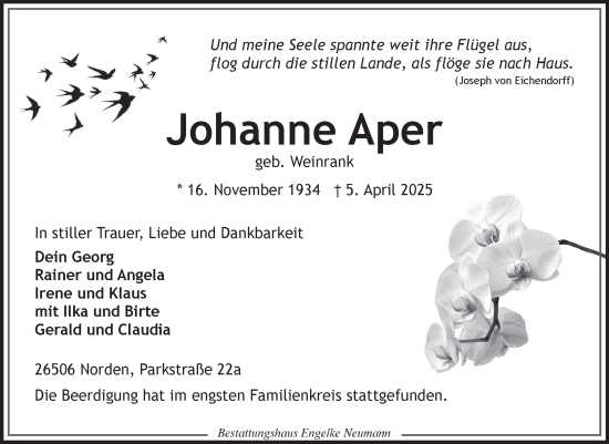 Traueranzeige von Johanne Aper von Ostfriesischer Kurier