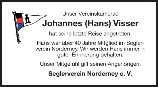 Traueranzeige von Johannes Visser von Ostfriesischer Kurier