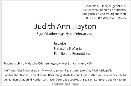 Traueranzeige von Judith Ann Hayton von Ostfriesischer Kurier