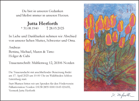 Traueranzeige von Jutta Herforth von Ostfriesischer Kurier