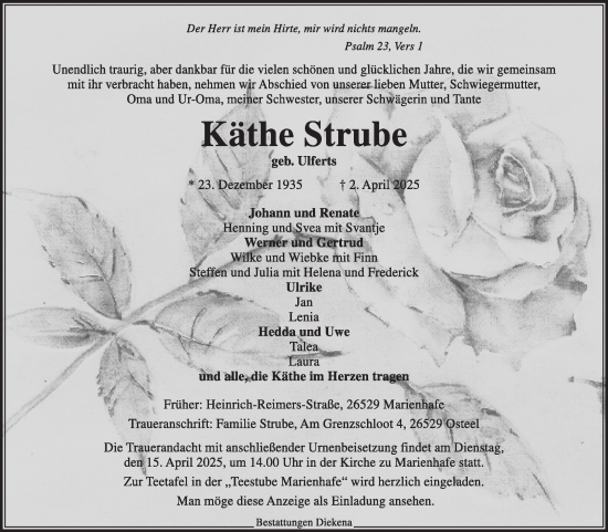 Traueranzeige von Käthe Strube von Ostfriesischer Kurier