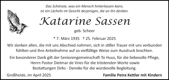 Traueranzeige von Katarine Sassen von Ostfriesischer Kurier