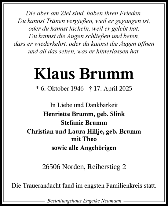 Traueranzeige von Klaus Brumm von Ostfriesischer Kurier