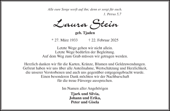 Traueranzeige von Laura Stein von Ostfriesischer Kurier