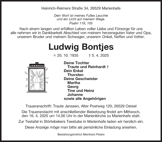 Traueranzeige von Ludwig Bontjes von Ostfriesischer Kurier