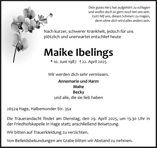 Traueranzeige von Maike Ibelings von Ostfriesischer Kurier