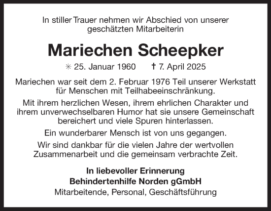 Traueranzeige von Mariechen Scheepker von Ostfriesischer Kurier
