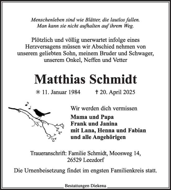 Traueranzeige von Matthias Schmidt von Ostfriesischer Kurier
