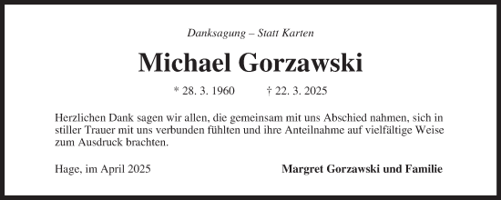 Traueranzeige von Michael Gorzawski von Ostfriesischer Kurier