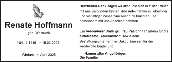 Traueranzeige von Renate Hoffmann von Ostfriesischer Kurier
